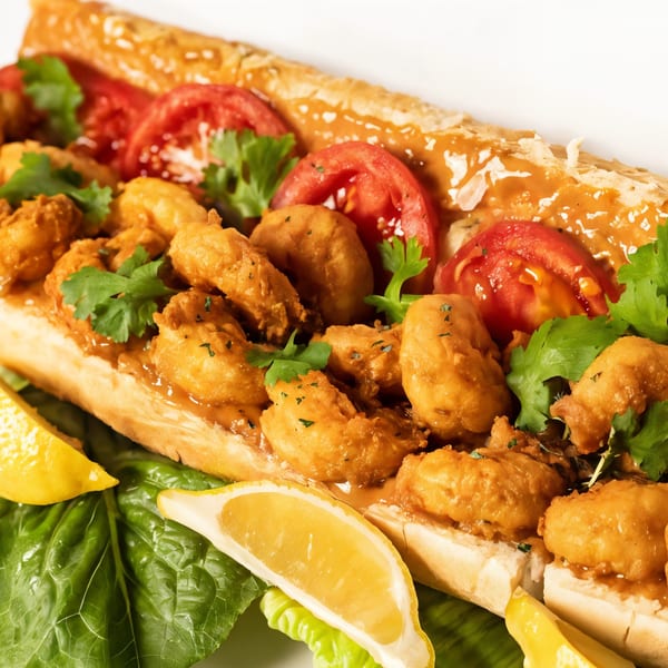 Close-up of a Bonfire Wings shrimp po'boy sandwich with tomatoes, cilantro, and lemon wedges.