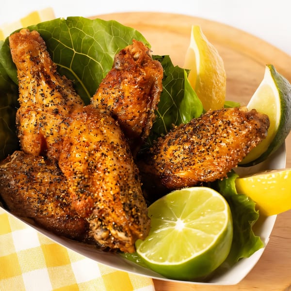 Bonfire Wings' seasoned chicken wings with fresh lettuce, lemon, and lime wedges in a white bowl.