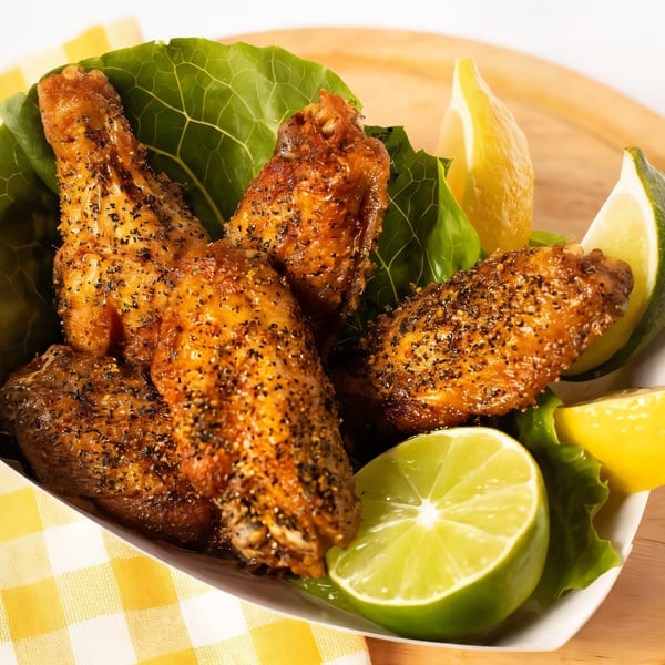 Bonfire Wings' peppered wings with lime and lemon wedges, served on a bed of lettuce.